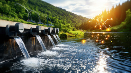 Poster - scenic view of river hydroelectric plant with flowing water, surrounded by lush greenery and mountains, showcasing renewable energy in nature beauty