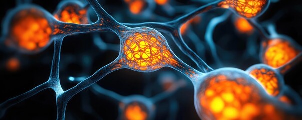 Aufkleber - Dust pollution concept. Close-up view of vibrant neuron cells in a dark setting, showcasing intricate structures.