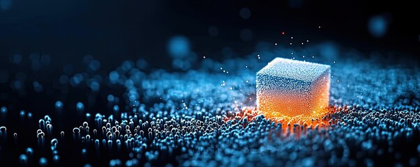 Poster - Dust pollution concept. A captivating ice cube resting on a bed of sparkling water droplets.