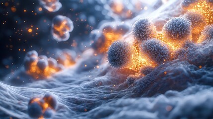 Poster - Dust pollution concept. Detailed microscopic view of bacteria with glowing elements on a textured surface.
