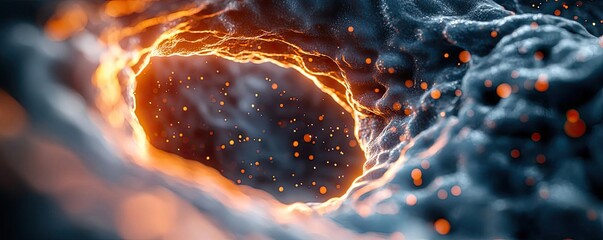 Poster - Dust pollution idea. Detailed microscopic view of a cell with glowing energy patterns and vibrant textures.