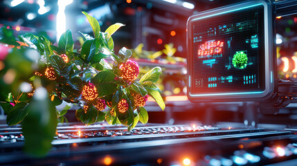 Poster - futuristic food factory showcasing vibrant plants and advanced technology. scene features glowing fruits and digital display, highlighting innovation in agriculture