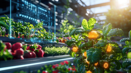 Leinwandbilder - high tech greenhouse showcasing vibrant plants and digital data displays. scene captures fusion of technology and agriculture, highlighting innovation in food production