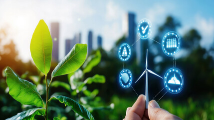 Poster - Innovative technology for sustainable energy with wind turbine icon, green leaves, and city skyline. This represents future of eco friendly urban living