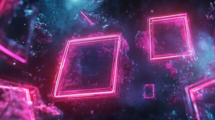 Poster - Abstract Neon Pink Geometric Squares Floating in Dark Space with Textured Particles, Futuristic 3D Rendering.