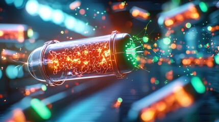Aufkleber - high tech image of nanobots transporting nutrients in futuristic environment, showcasing vibrant colors and intricate details. scene evokes sense of advanced technology and innovation