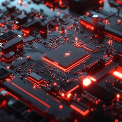 Leinwandbilder - Close-up View of a Glowing Circuit Board With Intricate Details and Red Lighting in a Dark Setting