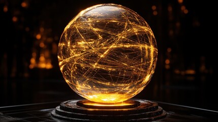 Poster - Glowing Network Sphere on Dark Pedestal, Abstract Technology Concept.