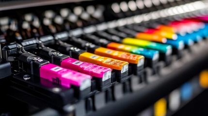 Poster - Detailed macro view of the ink cartridges being installed in a large format printer, showcasing the vibrant colors and mechanical precision.