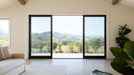 Aufkleber - Living room interior idea. Modern interior with large windows showcasing a scenic landscape view.