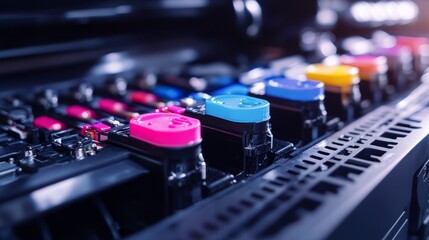 Poster - Detailed macro view of the ink cartridges being installed in a large format printer, showcasing the vibrant colors and mechanical precision.