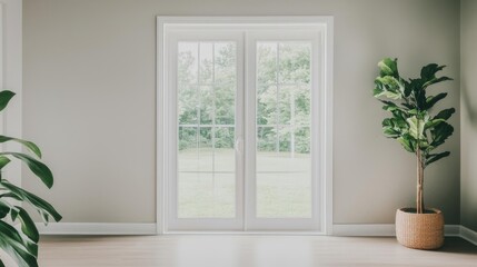Aufkleber - Living room interior idea. Bright and airy room with a view, featuring elegant double doors and a potted plant.