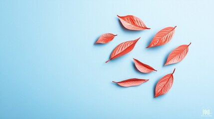 Poster - creative valentine's concept, scattered kiss marks in various red tones on a soft pastel blue backgr