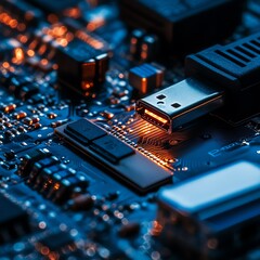 Poster - Close Look at a Circuit Board With USB Connection Highlighting Technology and Innovation in Electronic Design