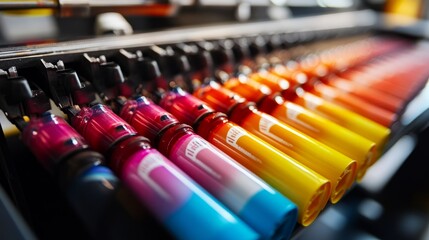 Poster - High-resolution close-up of ink cartridges being loaded into a large format printer, capturing the vibrant colors and mechanical details