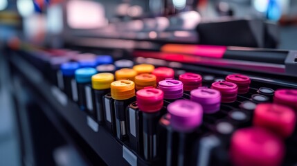 Poster - High-resolution close-up of ink cartridges being loaded into a large format printer, capturing the vibrant colors and mechanical details