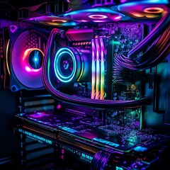 Poster - Vibrant Computer Hardware Illuminated With Colorful LED Lights in a Modern Gaming Setup