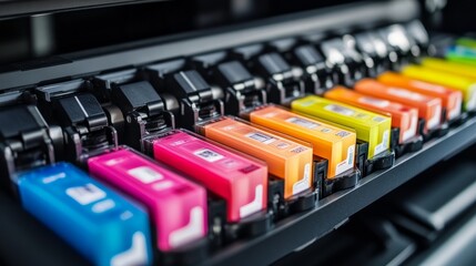 Poster - Macro photograph of the ink cartridges inside a large format printer, highlighting the color-coding and precise design details