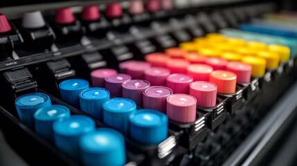 Poster - Macro photograph of the ink cartridges inside a large format printer, highlighting the color-coding and precise design details