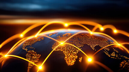 Poster - global network representation showcasing economic trends with glowing connections across continents. This symbolizes interconnectedness and technological advancement