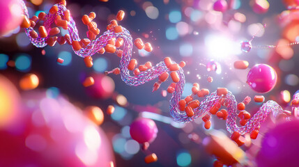 Poster - vibrant futuristic portrayal of nanotechnology showcasing intricate molecular structures and colorful particles, illustrating advanced scientific concepts and innovation
