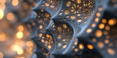 Poster - Abstract Bioluminescent Coral Structure with Glowing Interior and Bokeh Lights, Detailed 3D Rendering.