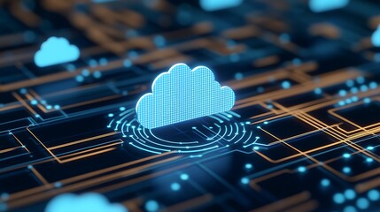 Poster - digital cloud computing concept with abstract technology background and network connections in blue 