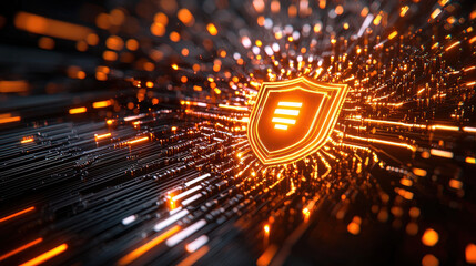 Leinwandbilder - Futuristic digital grid with glowing shield symbolizing cybersecurity and protection. vibrant orange and black colors create dynamic and energetic atmosphere