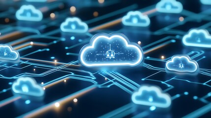 Poster - digital cloud computing network with glossy neon clouds and circuit connections representing data ex
