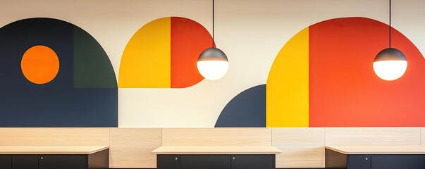 Poster - Office spaces room interior concept. Vibrant geometric wall art in a modern workspace enhancing creativity and collaboration.
