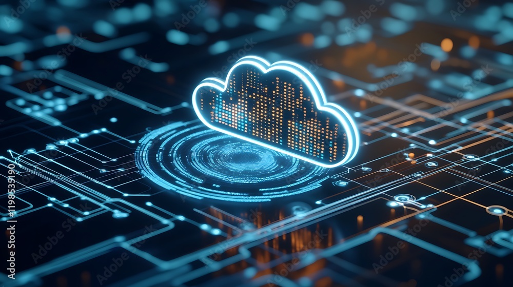 Digital Cloud Icon Representing Modern Cloud Computing on a Circuit Board with Glowing Lines and Patterns