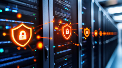 Fototapete - Secure data center with holographic shields representing cybersecurity. image showcases advanced technology protecting servers, emphasizing safety and innovation