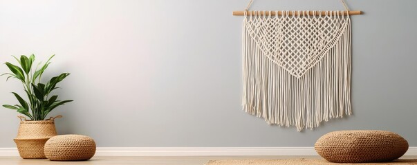 Poster - Living room interior idea. A tranquil living space featuring macrame wall art and cozy decor elements.