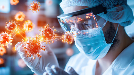 Aufkleber - scientist in protective gear examines virus under microscope, showcasing futuristic approach to virology. image highlights importance of research in combating diseases