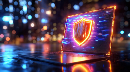 Leinwandbilder - glowing shield icon emerges from laptop, symbolizing digital security and protection in vibrant urban setting. scene conveys sense of safety and innovation