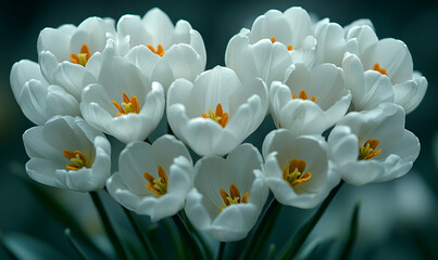 Sticker - White crocus bouquet, heart shape, spring, dark background, card