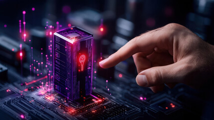 Poster - hand reaching towards glowing data server on circuit board, symbolizing secure data access and technology. vibrant colors and digital elements create futuristic atmosphere
