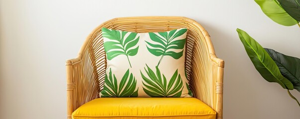 Poster - Living interior concept. Stylish chair with vibrant green pillow and warm yellow seat, enhancing modern decor.