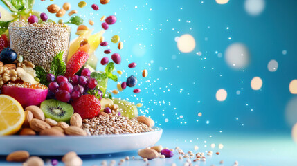 Poster - vibrant functional food platter featuring variety of fresh fruits, nuts, and seeds, beautifully arranged with colorful background, creating joyful and healthy atmosphere