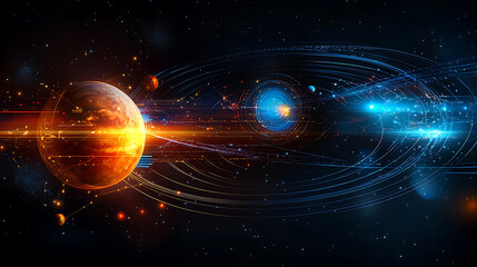 Poster - Exploring celestial motion planetary orbits in deep space digital artwork cosmic environment futuristic viewpoint