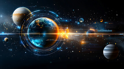 Poster - Exploring the cosmic dance of planets outer space digital art futuristic wide angle science and technology