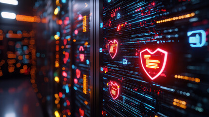 Leinwandbilder - futuristic firewall protecting digital data with vibrant neon graphics, showcasing security and technology in modern server environment
