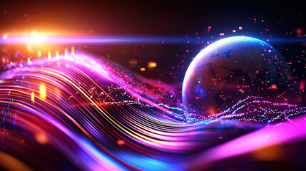 Leinwandbilder - Abstract image representing global economic shifts with vibrant colors, dynamic waves, and globe symbolizing interconnectedness and change in digital age