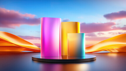 Poster - Artistic display of colorful geometric shapes on reflective surface, with vibrant hues of pink, yellow, and blue against sunset backdrop. scene evokes creativity and modern design