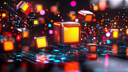 Poster - Digital technology devices with glowing elements and vibrant colors create futuristic atmosphere. image showcases dynamic scene filled with colorful particles and illuminated cubes