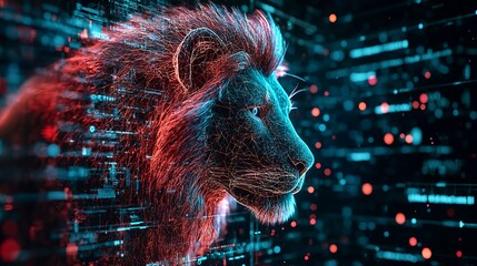 A digital rendering of a lion's head, intricately woven with glowing lines, set against a backdrop of futuristic data streams.