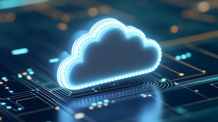 Poster - Futuristic cloud computing symbol illuminated with neon lights on a digital circuit background