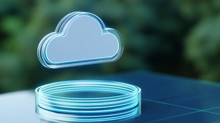 Poster - futuristic cloud icon with neon lights over a dark surface and blurred background for technology con