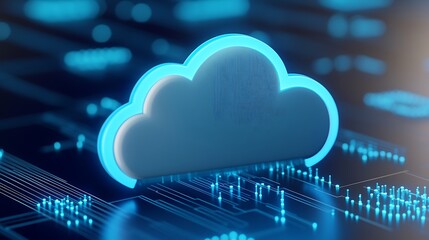 Poster - Futuristic Cloud Storage Concept on Circuit Board Background with Neon Blue Lights and Digital Elements