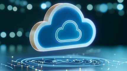 Aufkleber - Futuristic Neon Cloud Icon with Digital Effects Over Abstract Blurred Background of Lights and Circles
